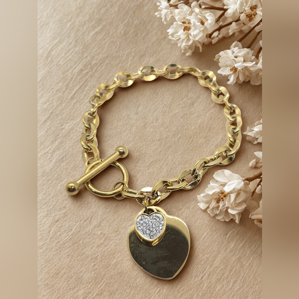 18K Gold Plated Heart Bracelet | Custom Engraving | Crystal Detail